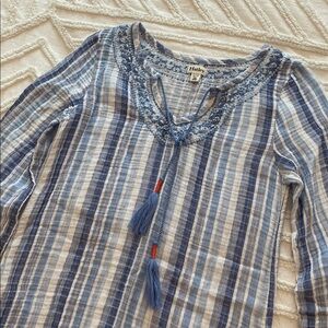 Hatley Blue & White Gauze Peasant Blouse with Tassel Ties